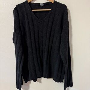 CP Shades Wide Rib Knit V Neck Sweater Black Cotton Blend Oversized-Large